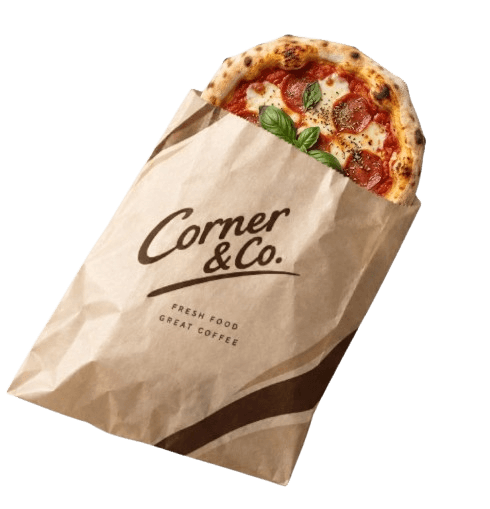Corner & Co pizza in a branded paper bag
